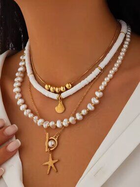 ✨ 4-Piece Layered Starfish & Shell Necklace Set ✨